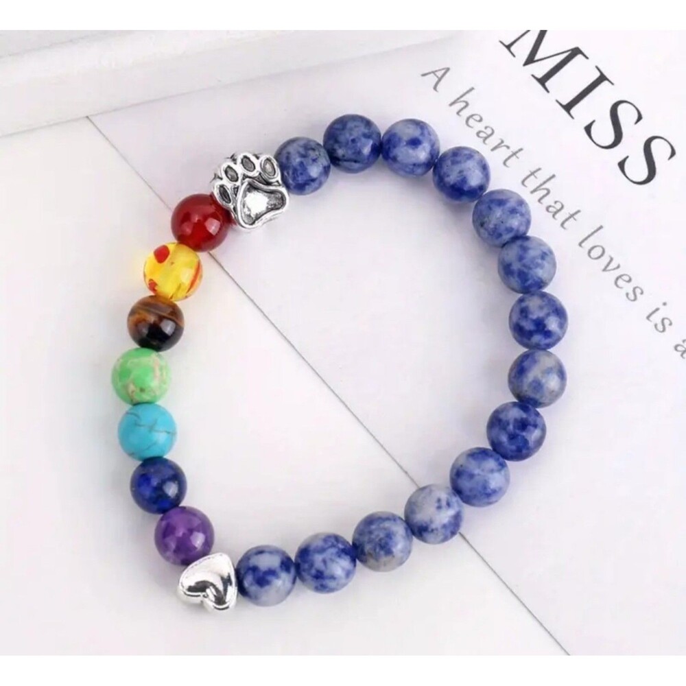 New Colorful Gemstone Beaded Bracelet Paw Print & Heart Charms Pet Lover
